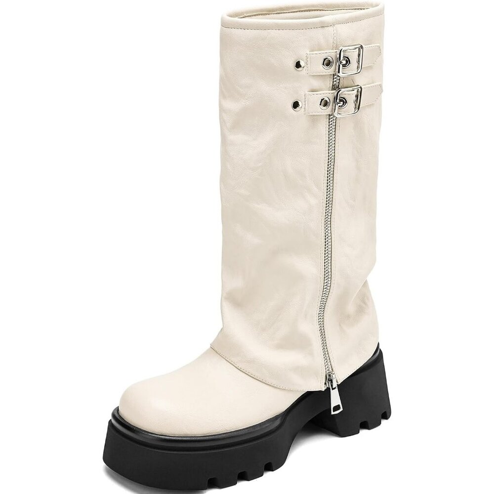 Women's White Chunky Slouchy Fold Over Wide Calf Fashion Buckle Knee High Boots - Picture 1 of 5